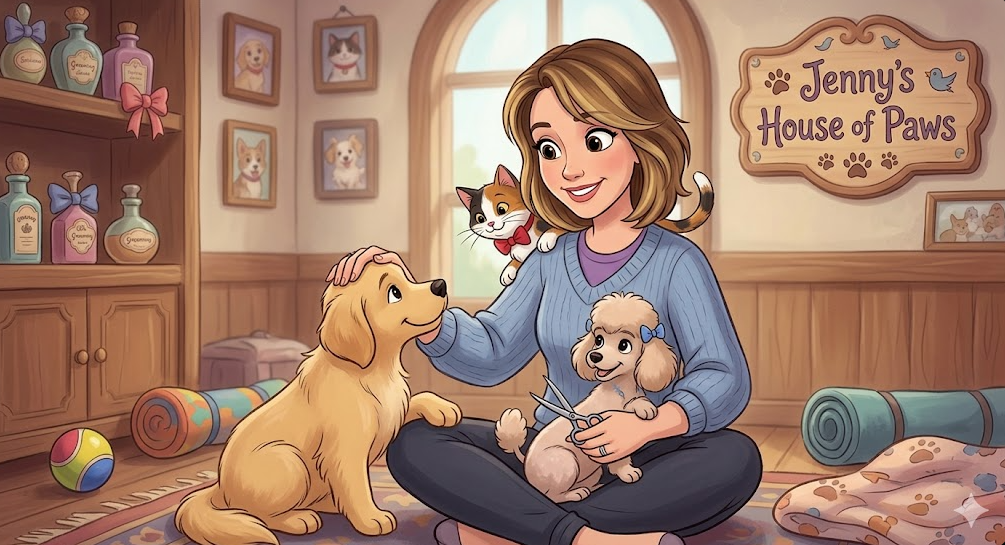 Illustration of Jennifer grooming pets at Jenny's House of Paws